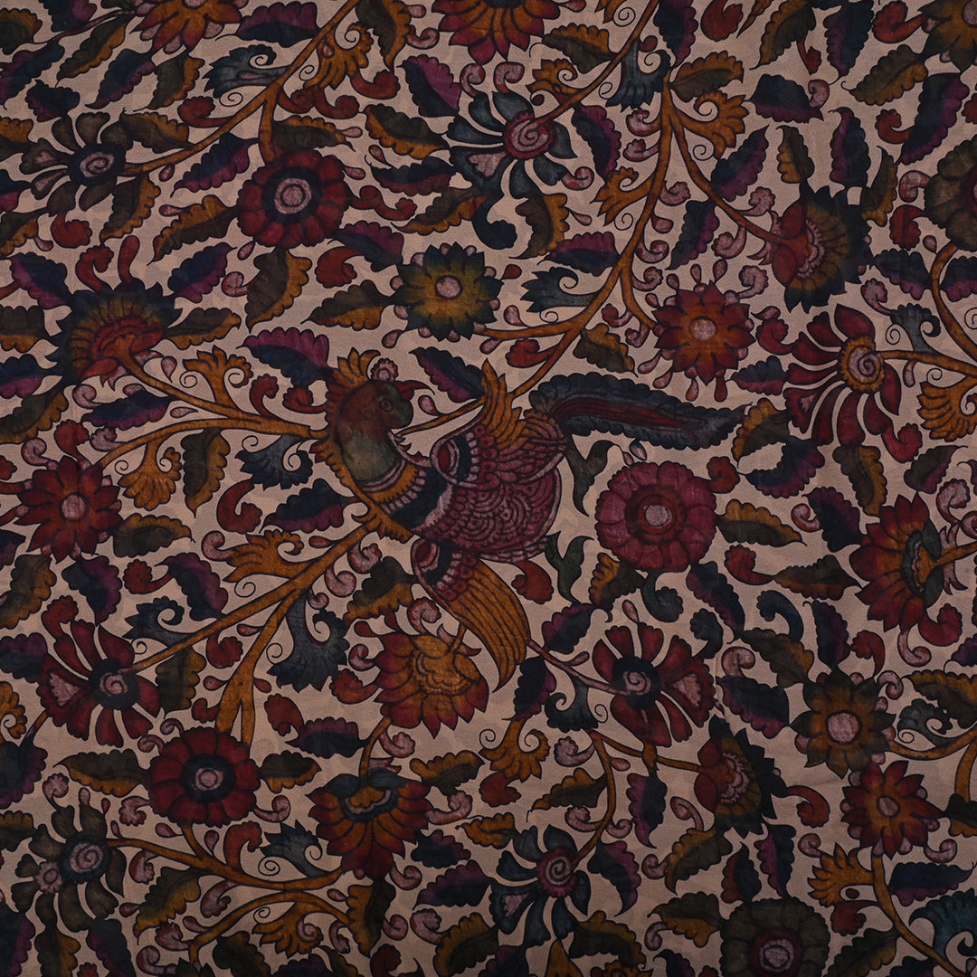 Cream Printed Georgette Fabric With Kalamkari Pattern