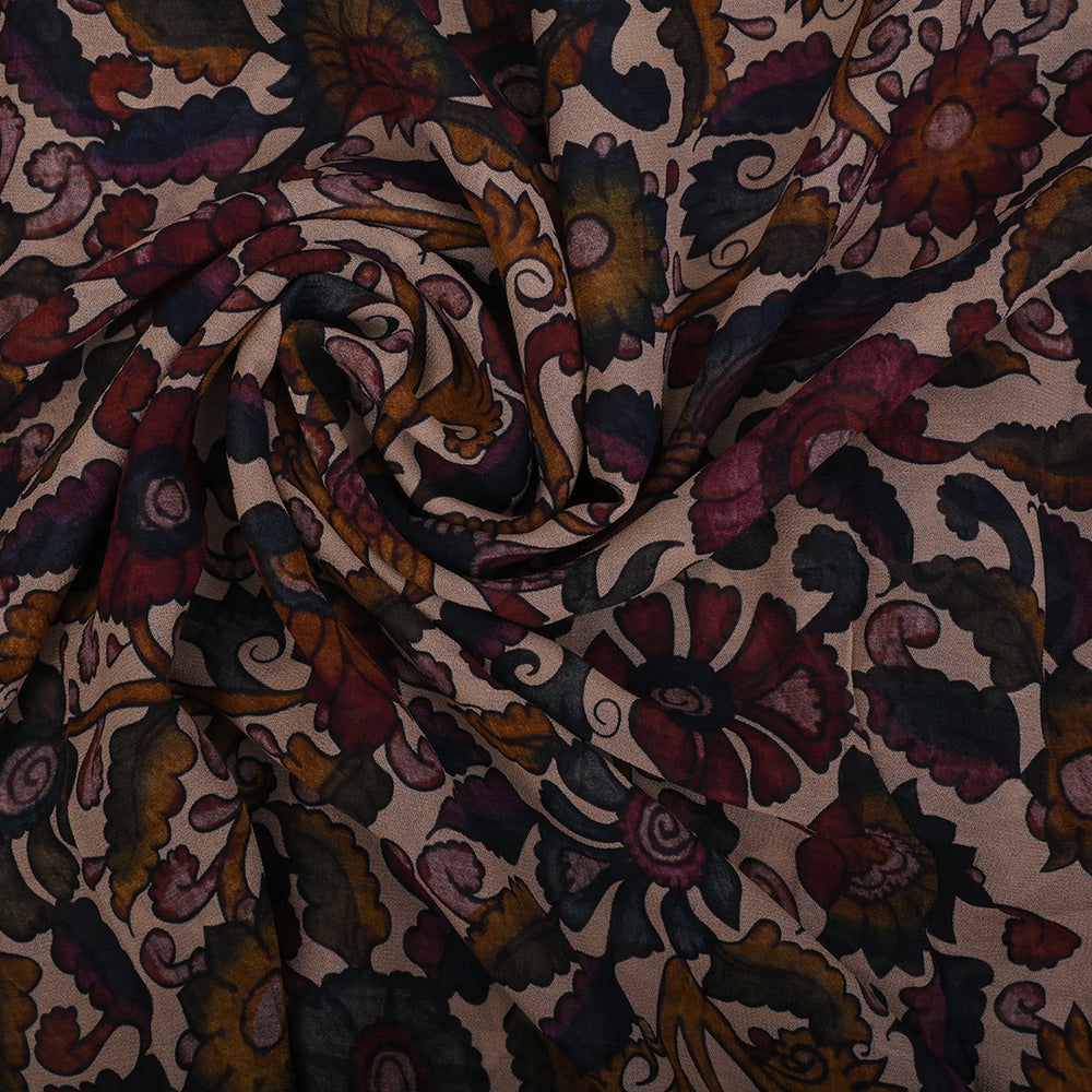 Cream Printed Georgette Fabric With Kalamkari Pattern