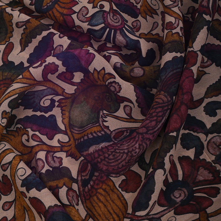 Cream Printed Georgette Fabric With Kalamkari Pattern