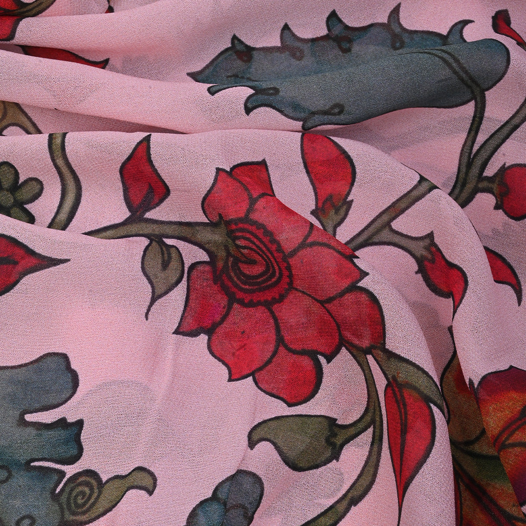 Pastel Pink Printed Georgette Fabric With Kalamkari Pattern