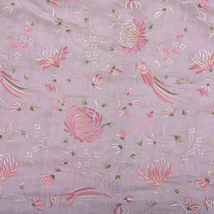 Pastel Cream Embroidery Rawsilk Fabric With Floral Pattern