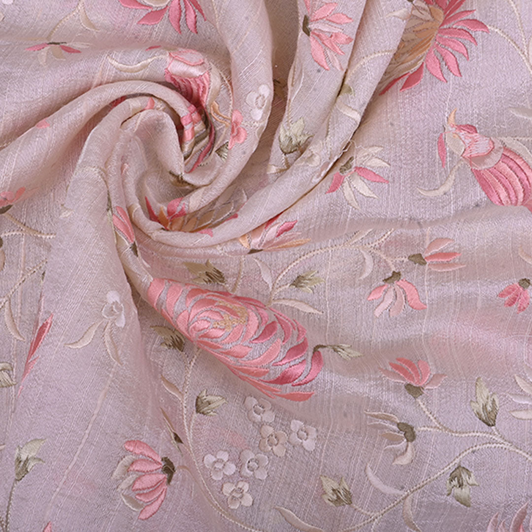 Pastel Cream Embroidery Rawsilk Fabric With Floral Pattern