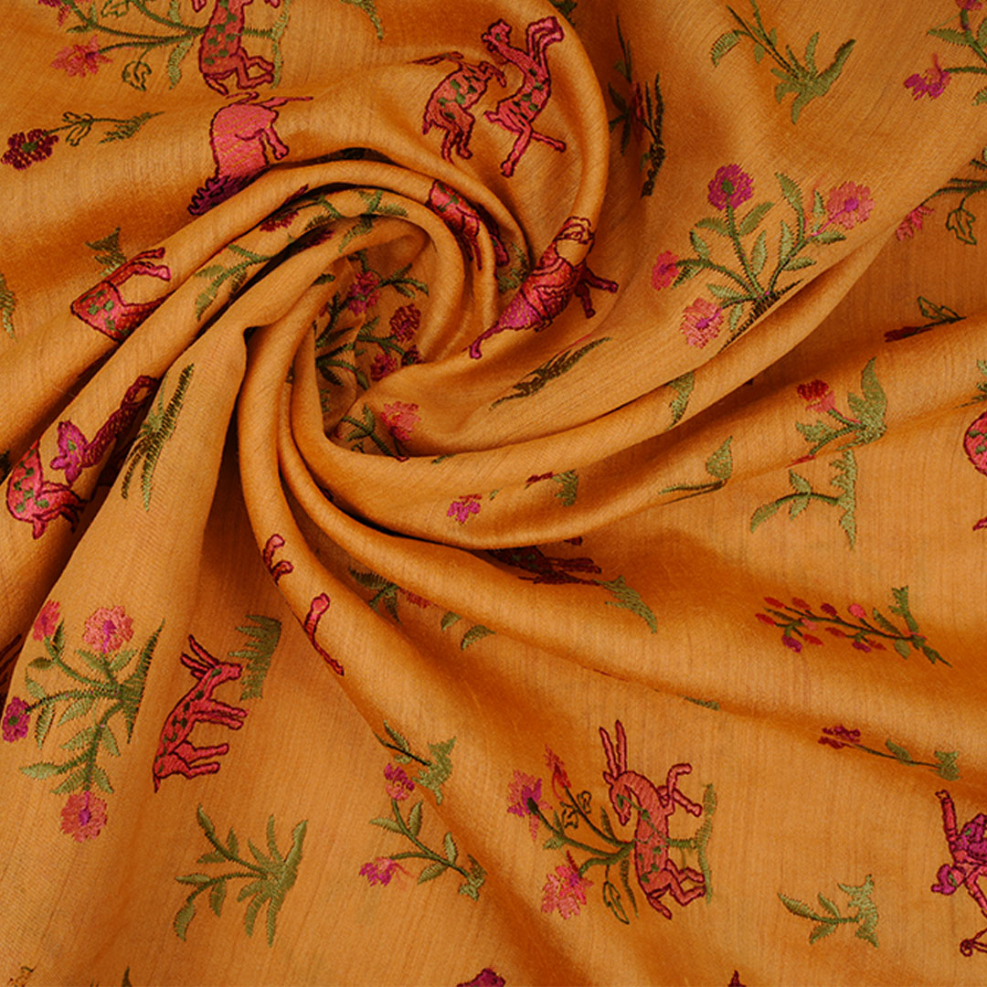 Deep Chrome Yellow Embroidery Moonga Fabric