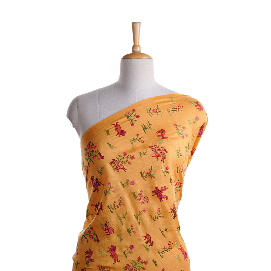 Deep Chrome Yellow Embroidery Moonga Fabric