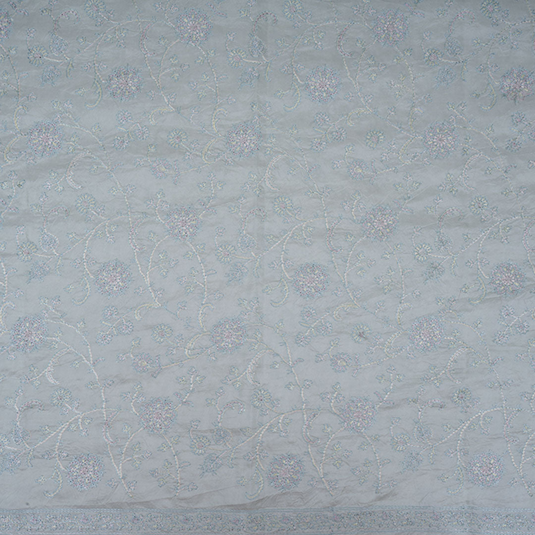 Grayish Blue Floral Embroidery Silk Fabric