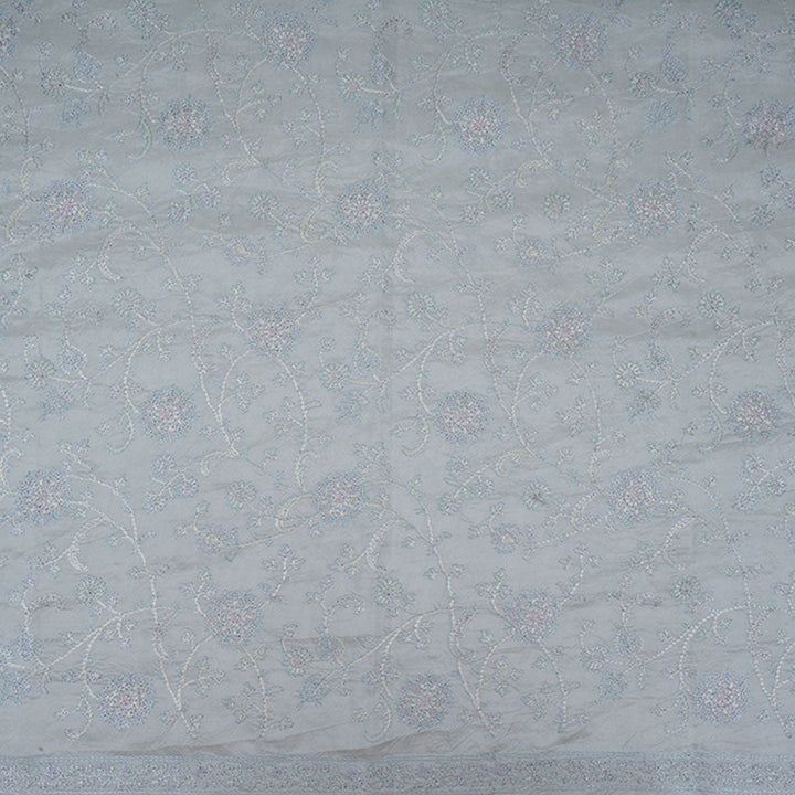 Grayish Blue Floral Embroidery Silk Fabric