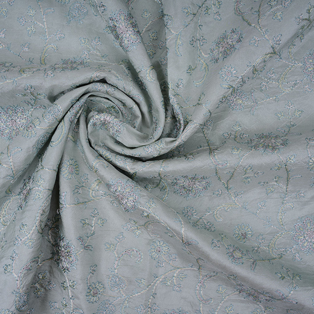 Grayish Blue Floral Embroidery Silk Fabric