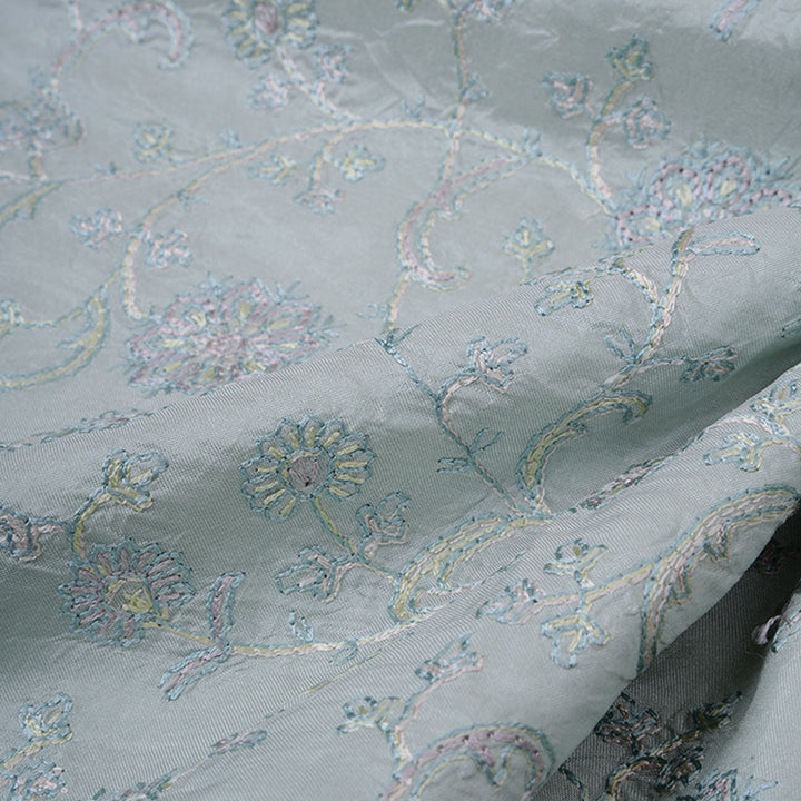 Grayish Blue Floral Embroidery Silk Fabric