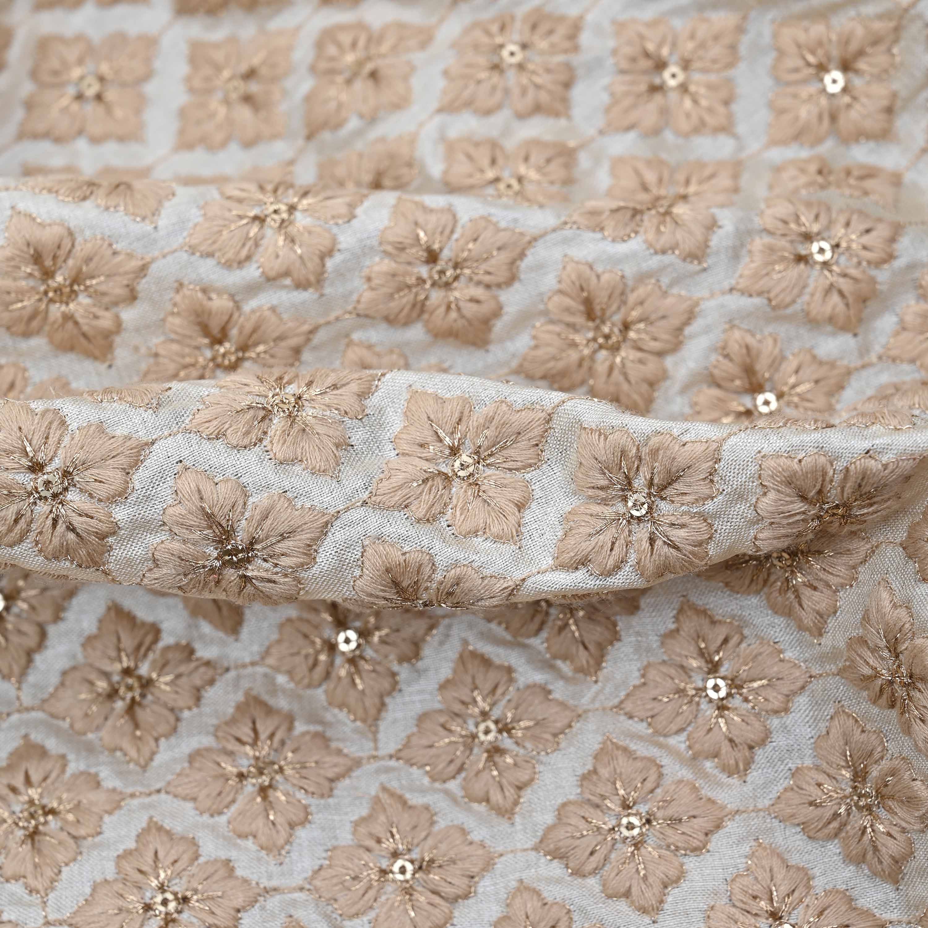 Ivory White Embroidered Raw Silk Fabric