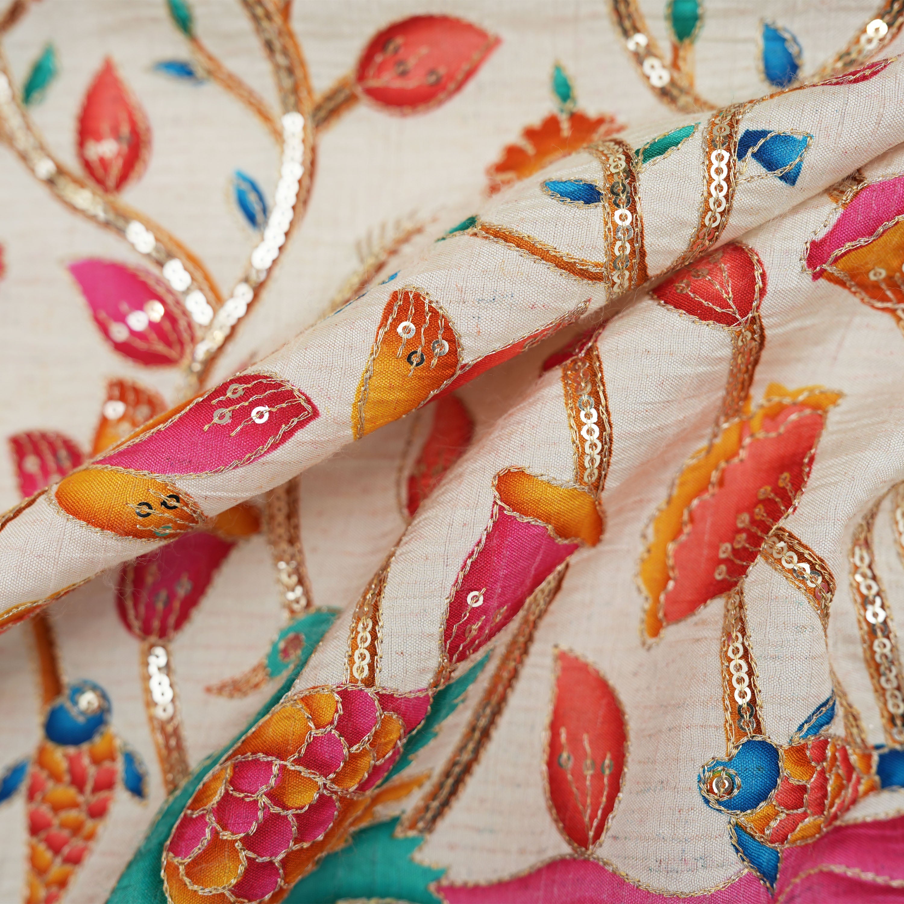 Milk White Colorful Jal Char Motifs Embroidered Silk Fabric