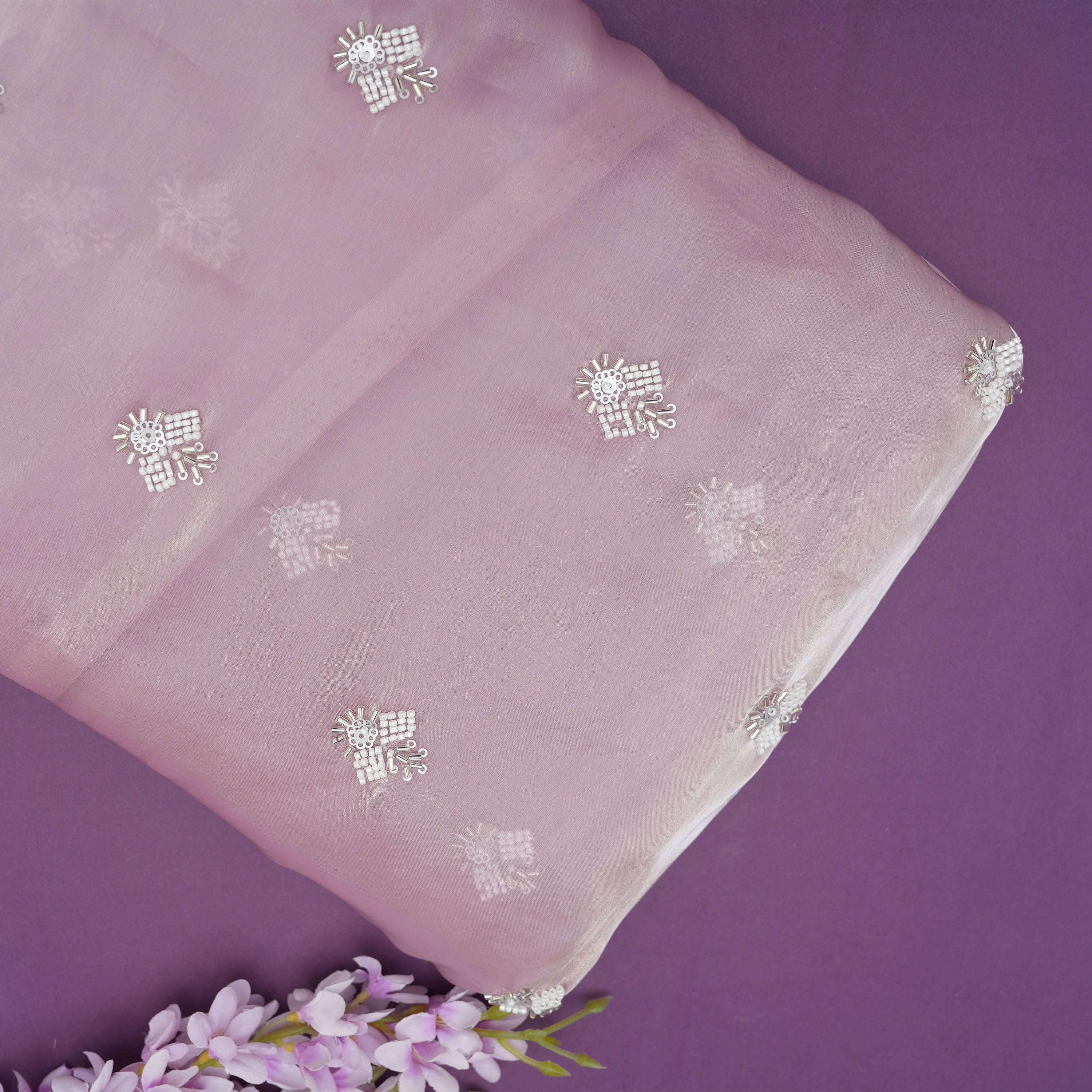 Mauve Purple Embroidered Organza Floral Buttis Fabric