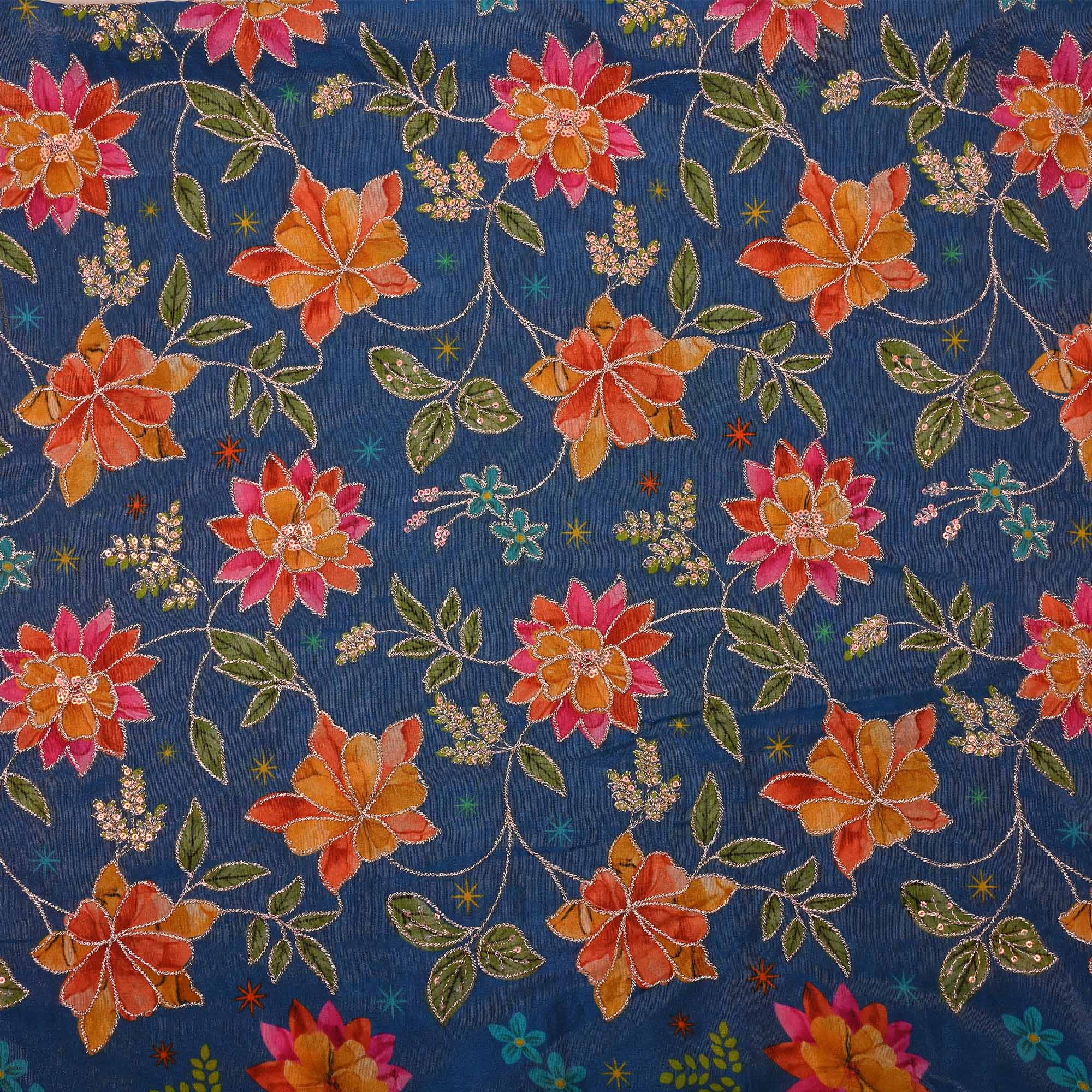 Lapis Blue Printed Floral Tissue Fabric With Embroidery