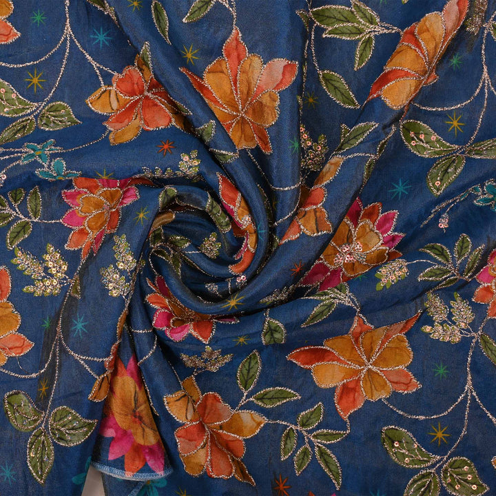 Lapis Blue Printed Floral Tissue Fabric With Embroidery