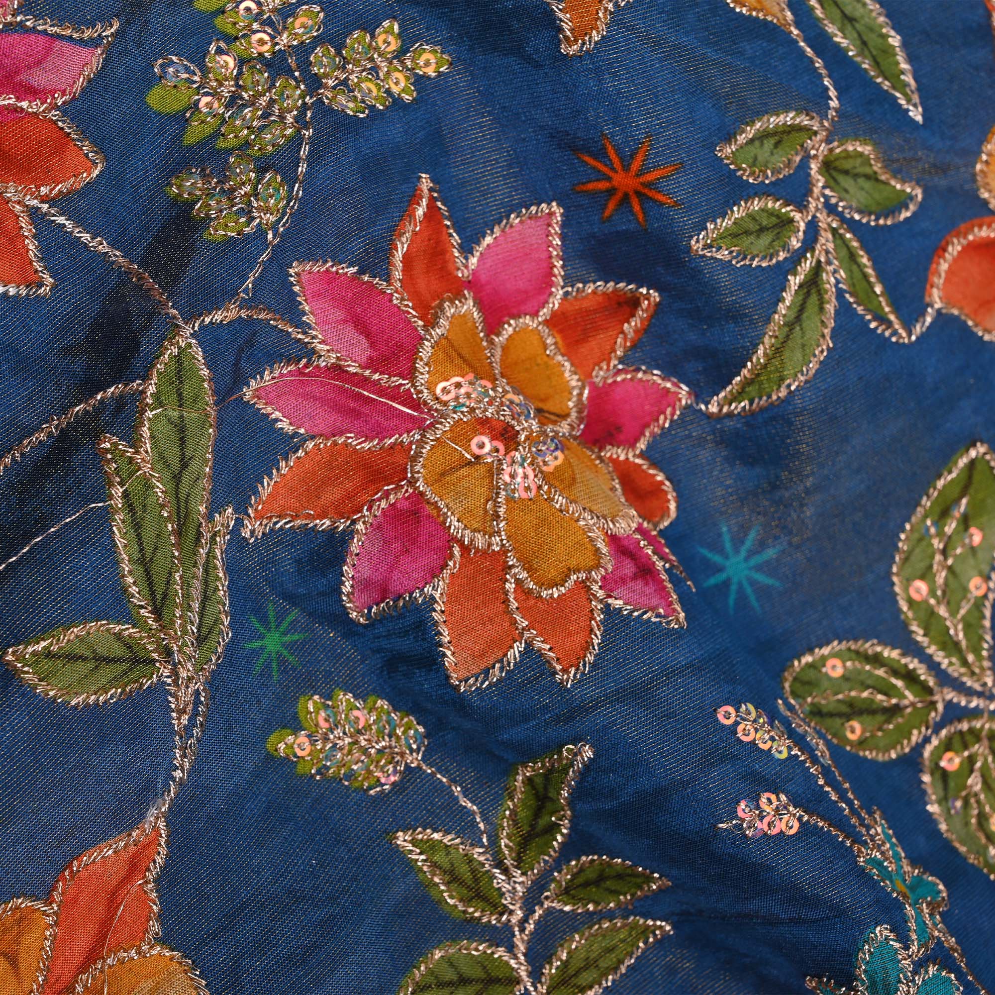 Lapis Blue Printed Floral Tissue Fabric With Embroidery