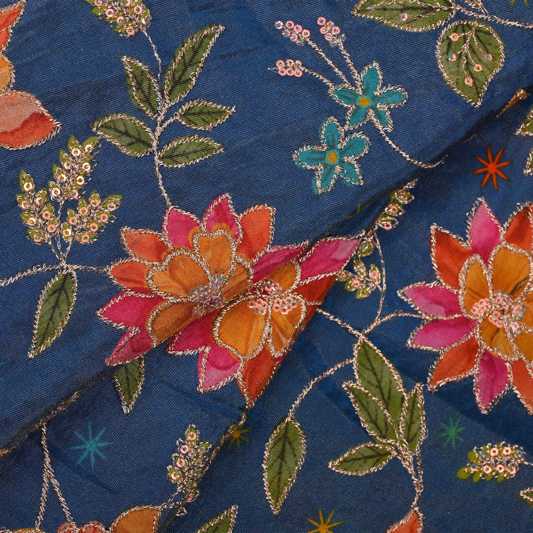 Lapis Blue Printed Floral Tissue Fabric With Embroidery