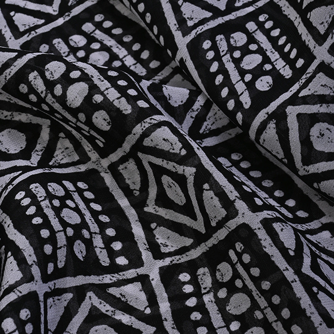 Night Black Printed Georgette Fabric With Geometrical Pattern