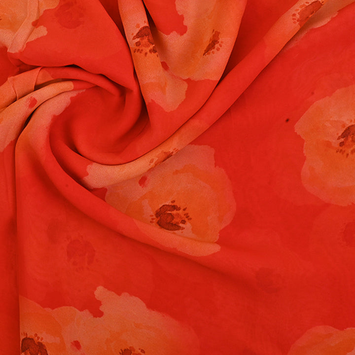 Sunset Red Printed Georgette Fabric With Floral Pattern