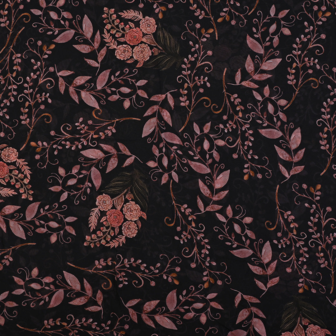 Charcoal Black Printed Georgette Fabric With Floral Pattern