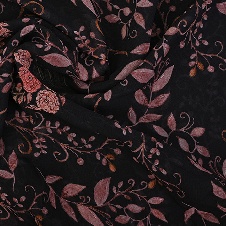 Charcoal Black Printed Georgette Fabric With Floral Pattern