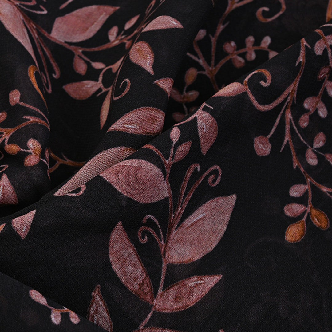 Charcoal Black Printed Georgette Fabric With Floral Pattern