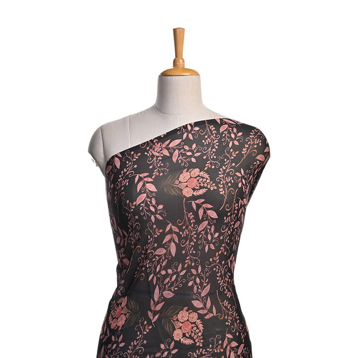 Charcoal Black Printed Georgette Fabric With Floral Pattern