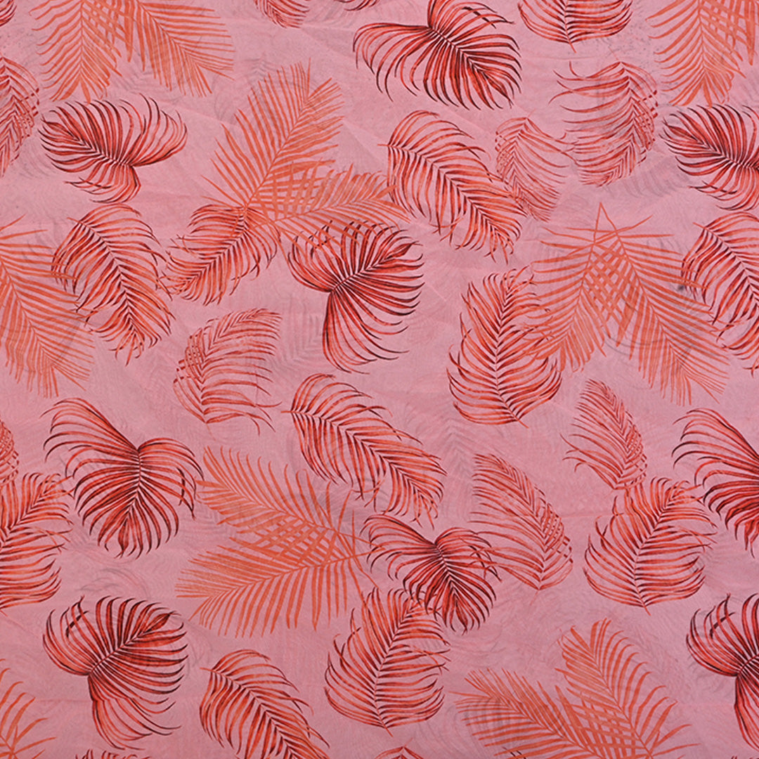 Salmon Peach Printed Georgette Fabric With Leaf Pattern