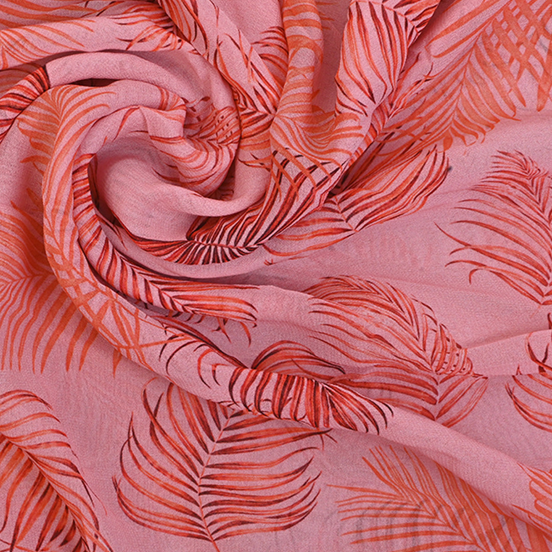 Salmon Peach Printed Georgette Fabric With Leaf Pattern