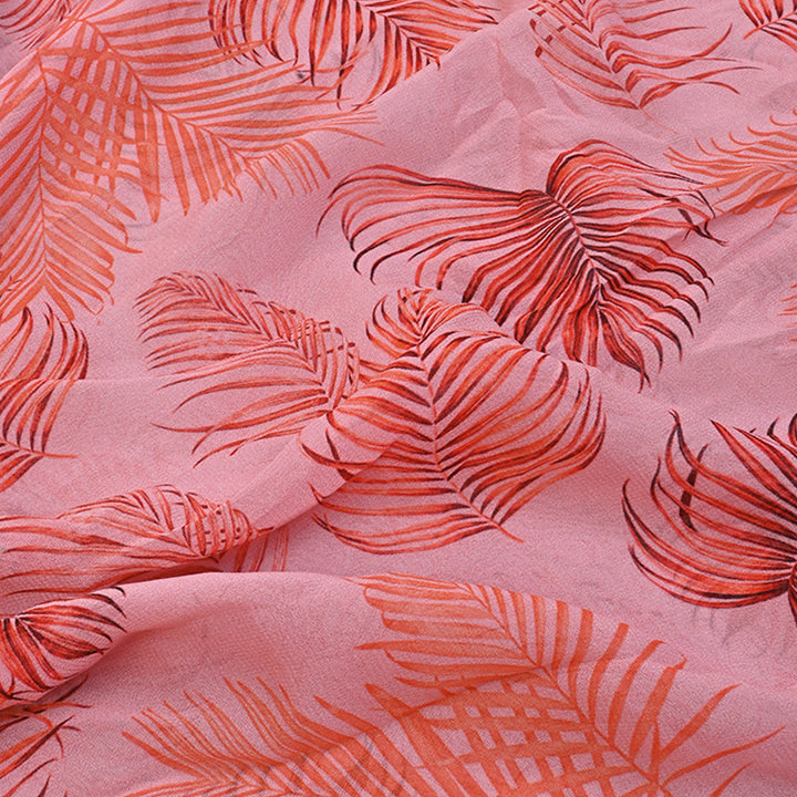 Salmon Peach Printed Georgette Fabric With Leaf Pattern