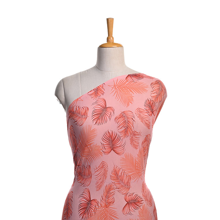 Salmon Peach Printed Georgette Fabric With Leaf Pattern