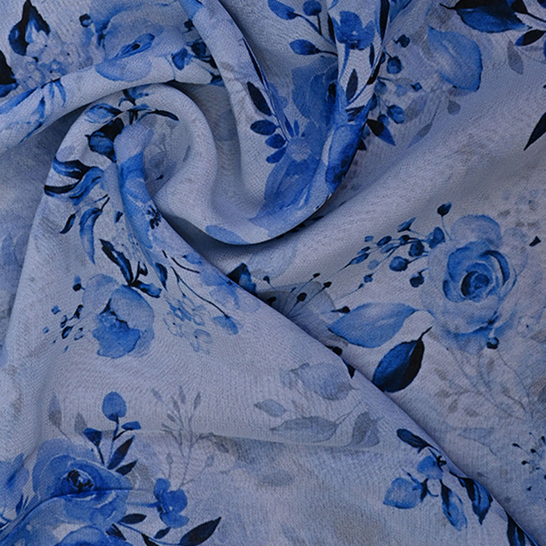 Smoke White Printed Georgette Fabric With Floral Pattern