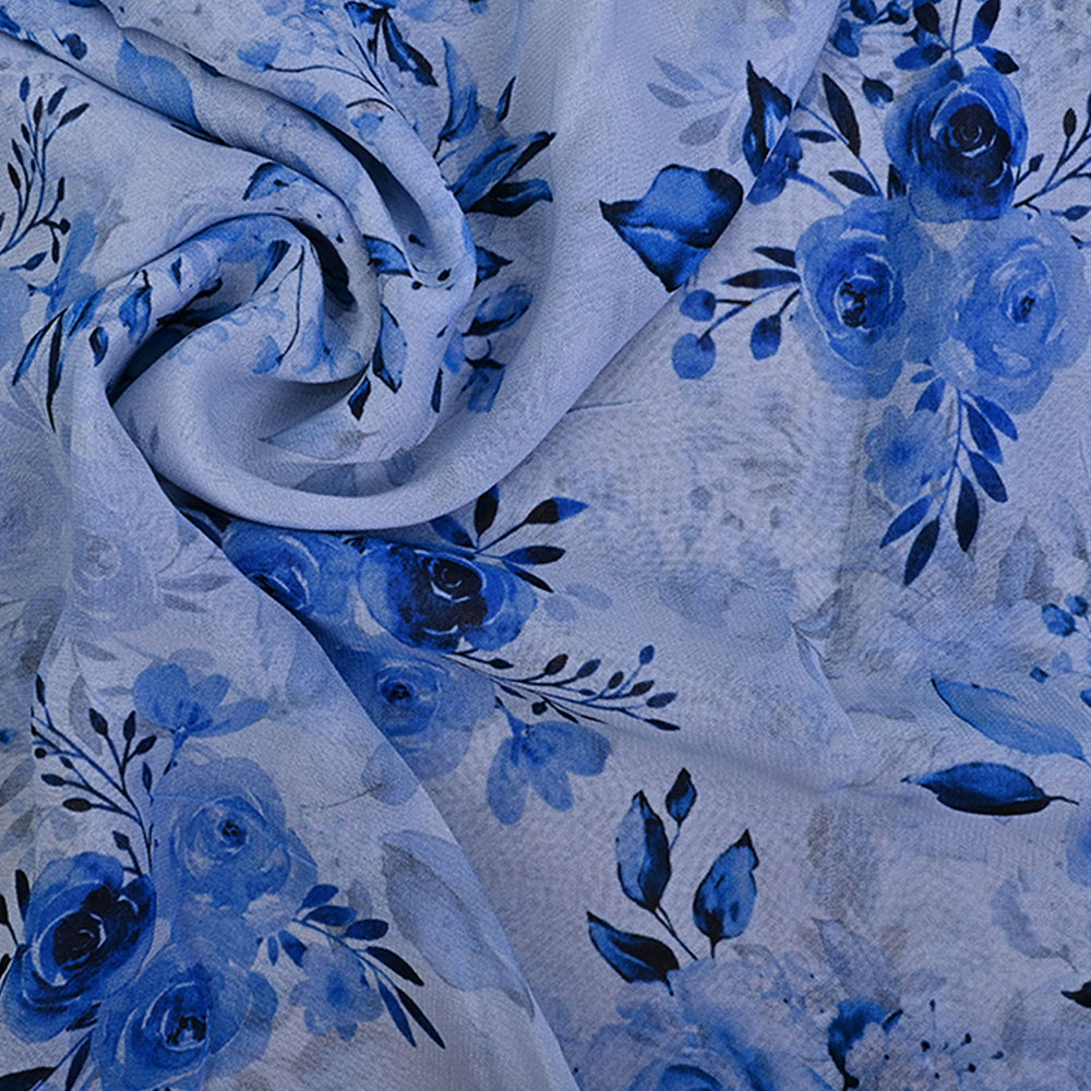 Grayish Blue Georgette Fabric With Floral Printed Pattern