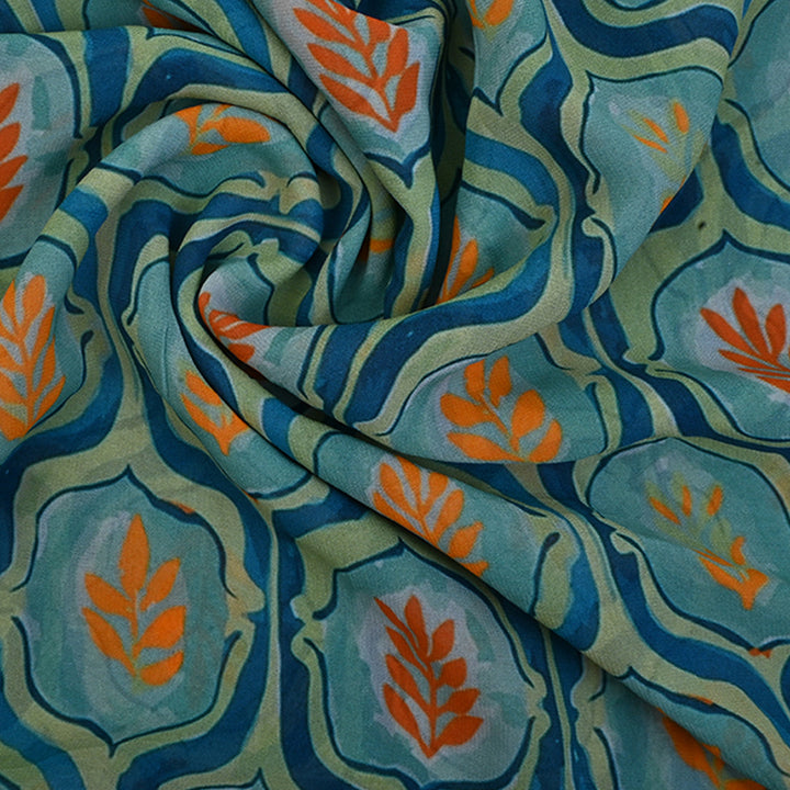 Sky Blue Georgette Fabric With Floral Printed Ogival Pattern