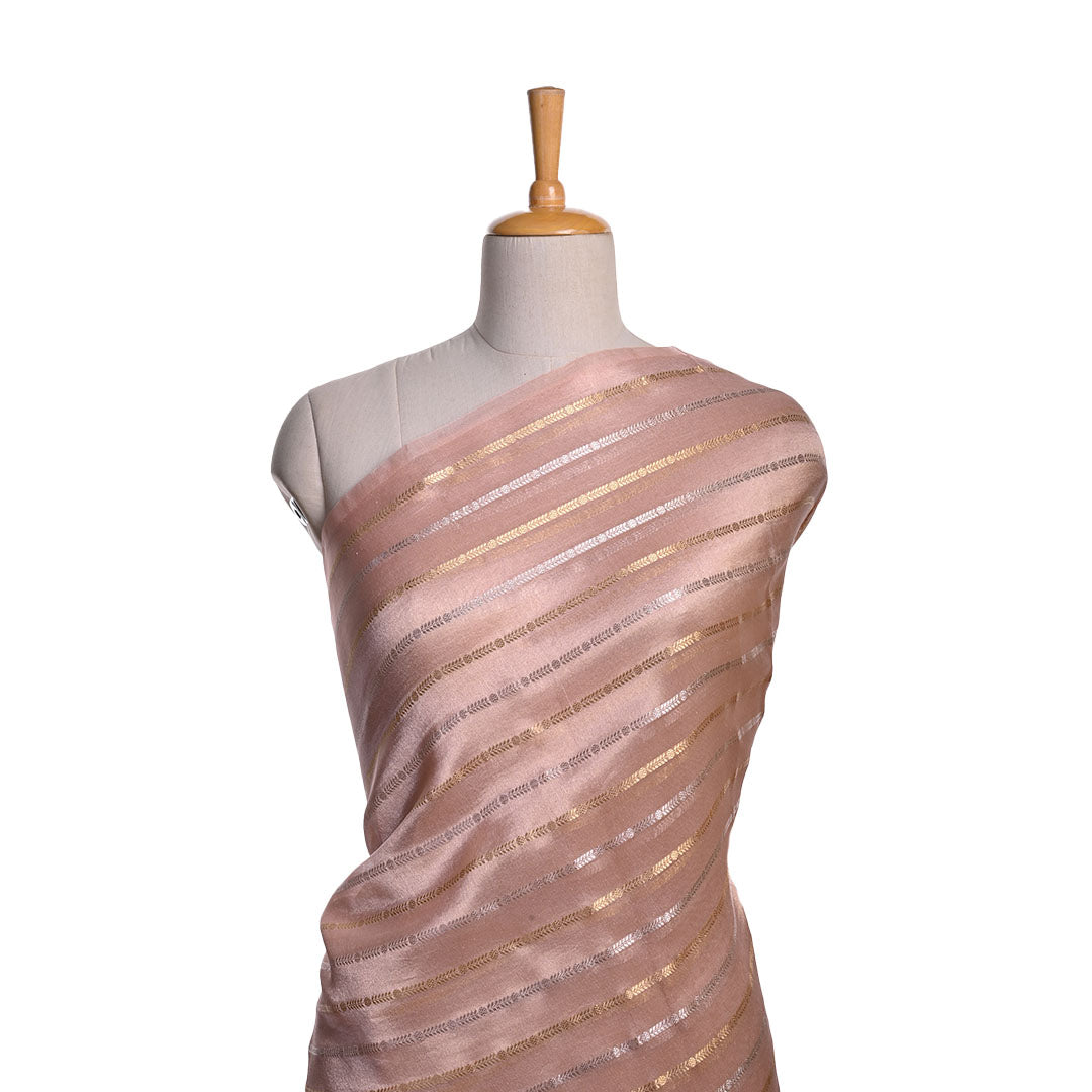 Beige Organza Tissue Fabric With Stripes