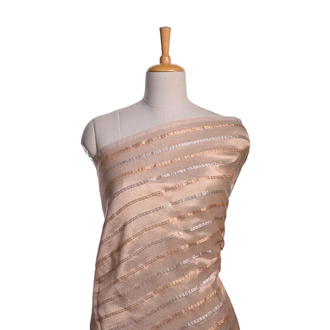 Pastel Brown Organza Tissue Fabric With Stripes