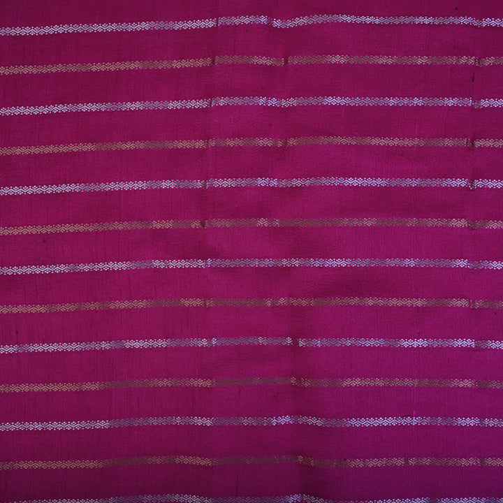 Magenta Pink Moonga Tussar Fabric With Floral Stripes