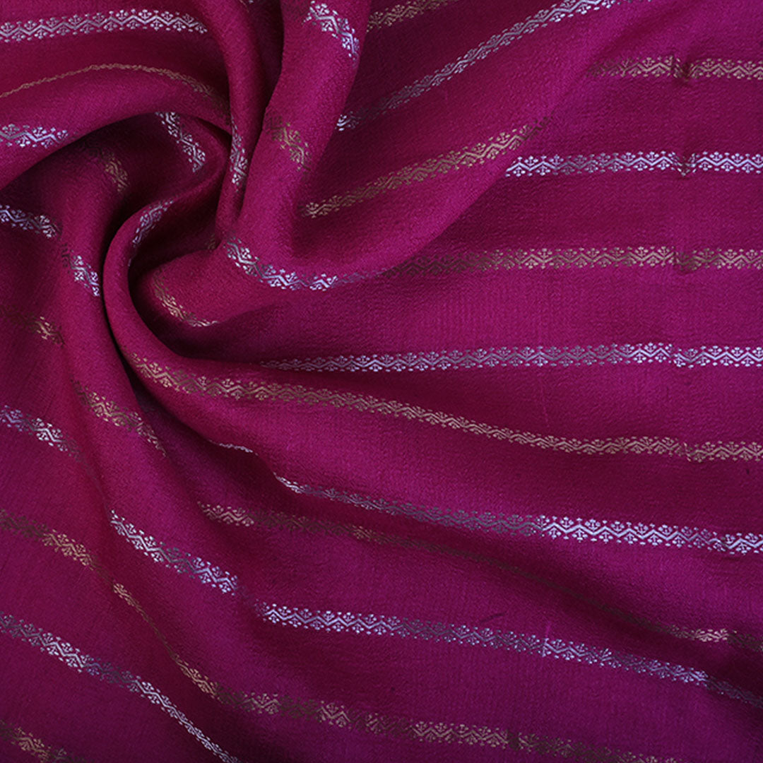 Magenta Pink Moonga Tussar Fabric With Floral Stripes