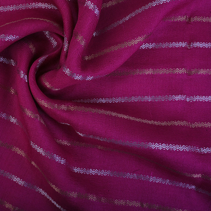 Magenta Pink Moonga Tussar Fabric With Floral Stripes