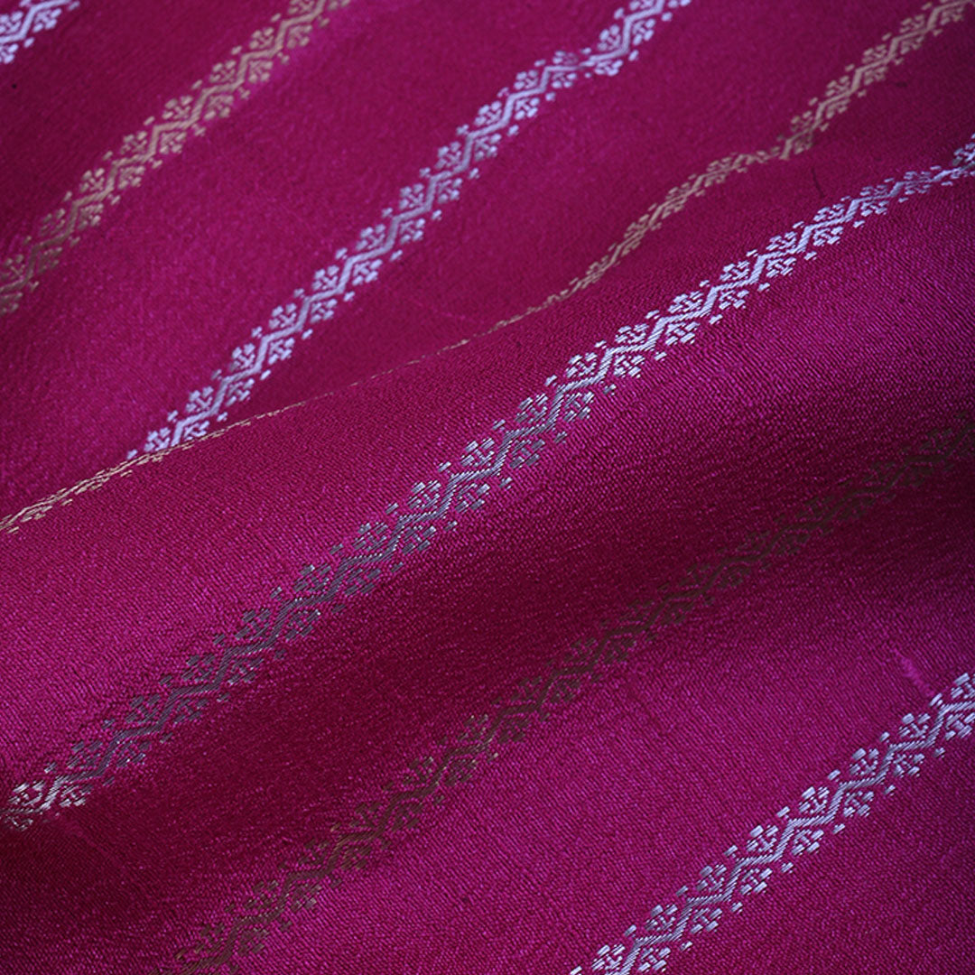 Magenta Pink Moonga Tussar Fabric With Floral Stripes