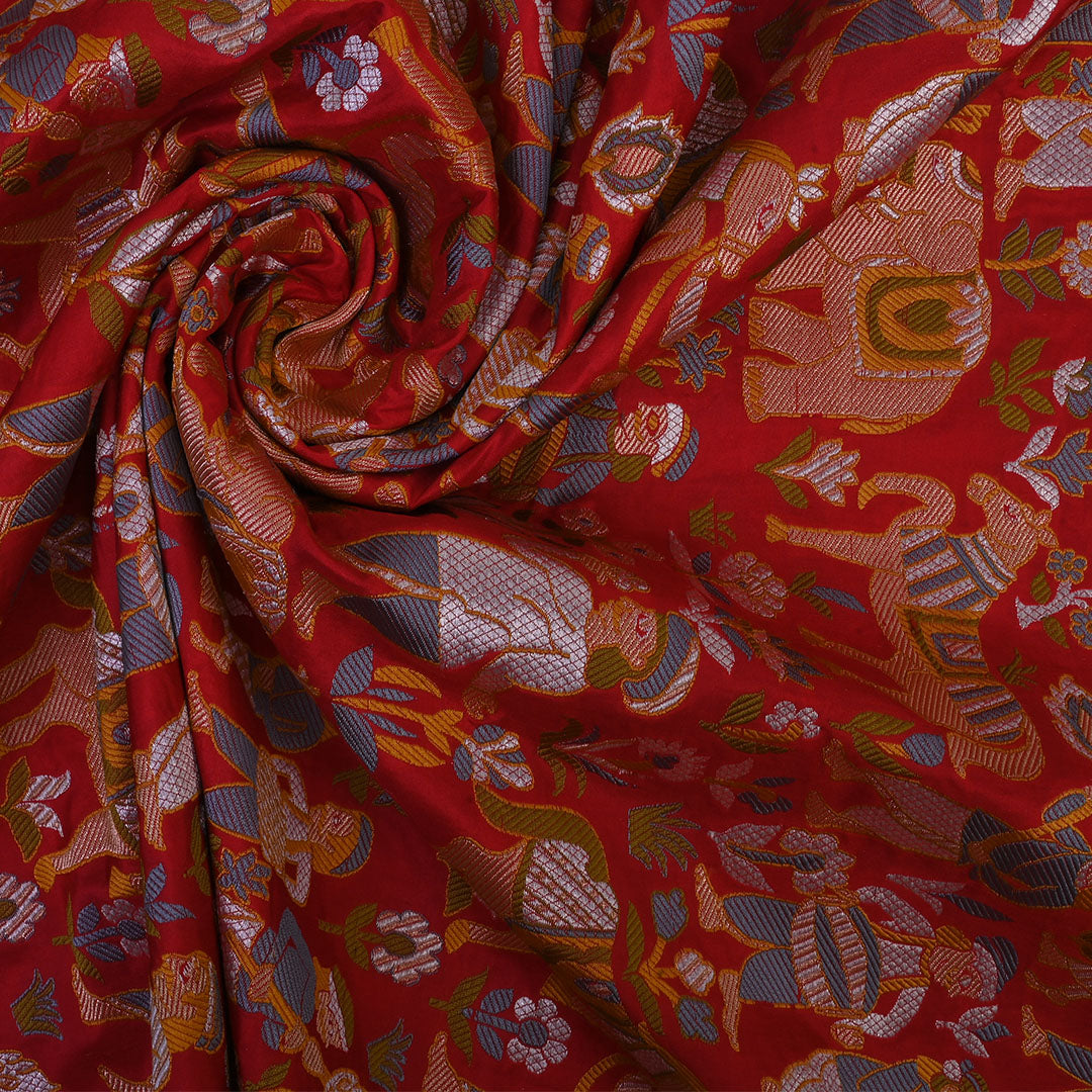 Chilli Red Meenakari Banarasi Silk Fabric