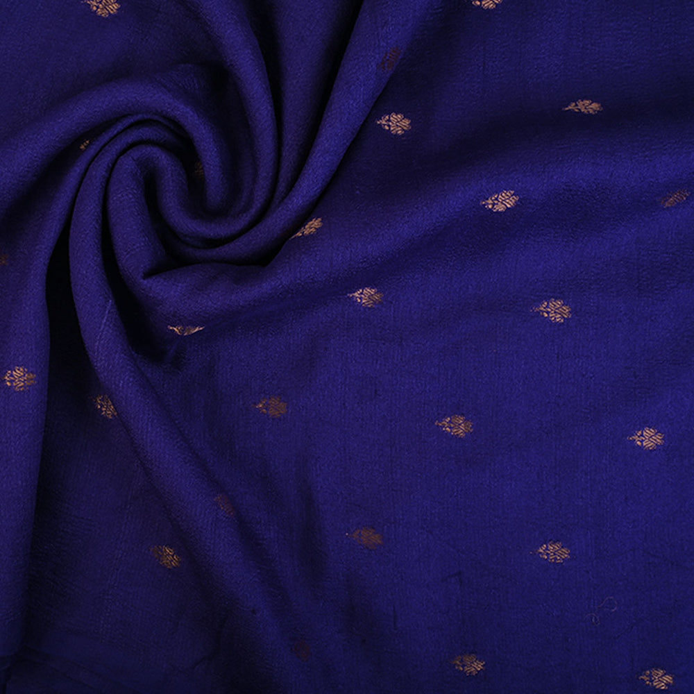 Bright Blue Moonga Tussar Fabric With Floral Buttis