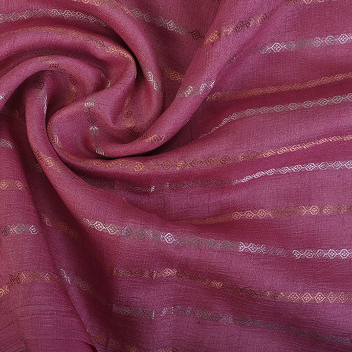 Coral Pink Moonga Tussar Fabric With Stripes