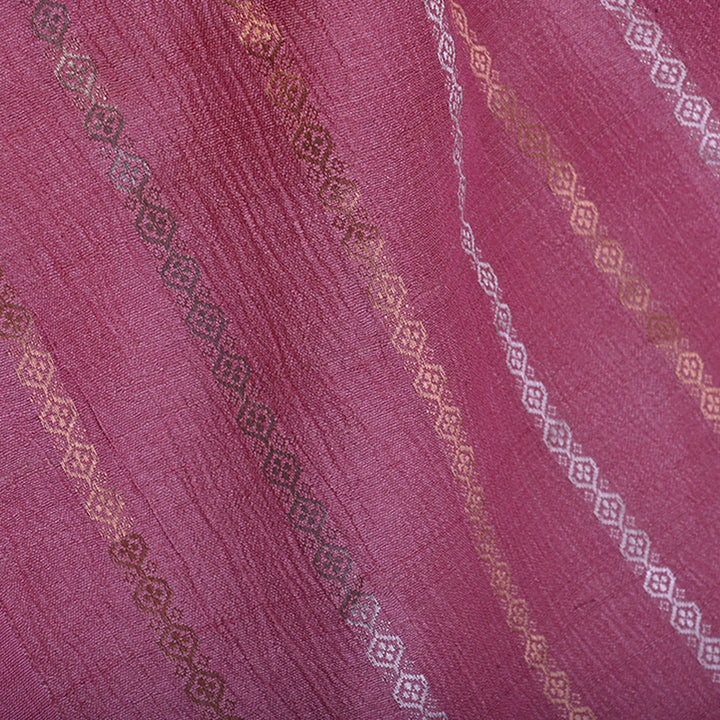 Coral Pink Moonga Tussar Fabric With Stripes