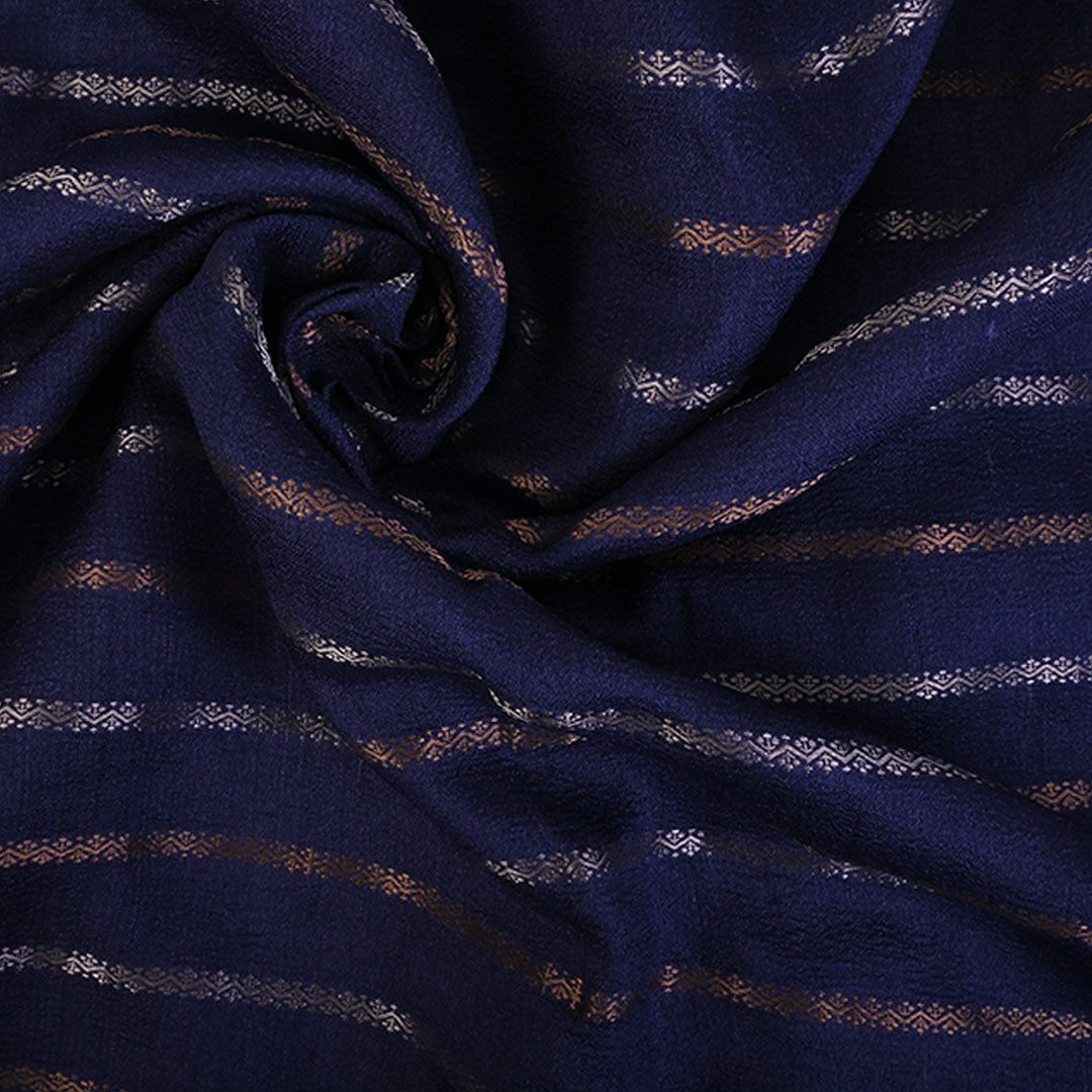 Dark Navy Blue Moonga Tussar Fabric With Stripes