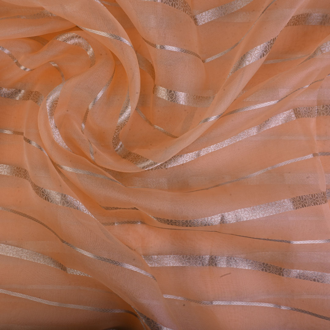 Salmon Orange Organza Fabric With Stripes
