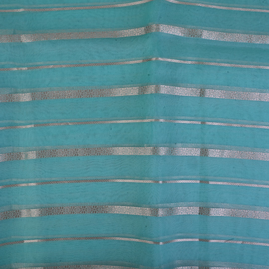 Ocean Blue Organza Tissue Fabric With Stripes