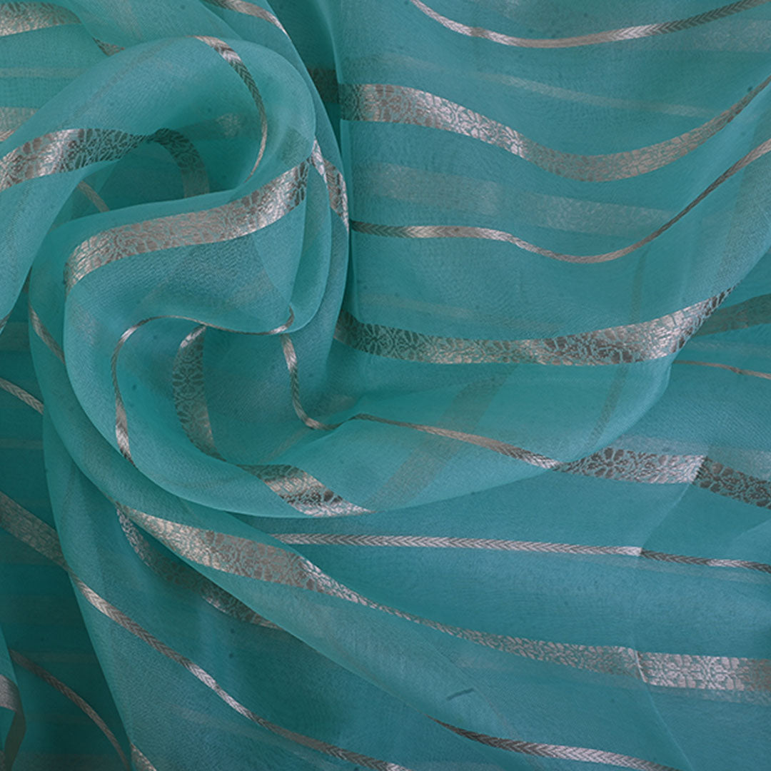 Ocean Blue Organza Tissue Fabric With Stripes