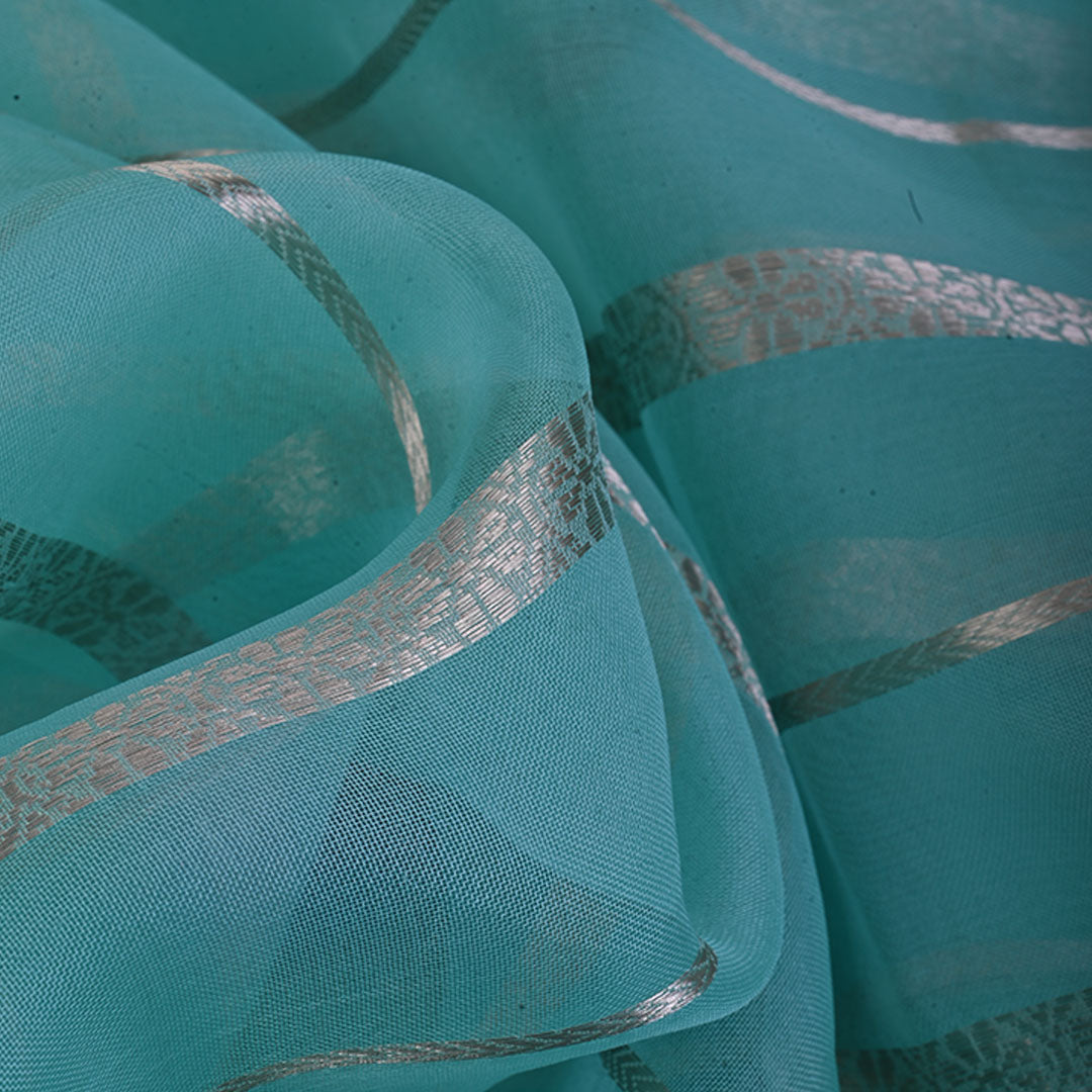 Ocean Blue Organza Tissue Fabric With Stripes