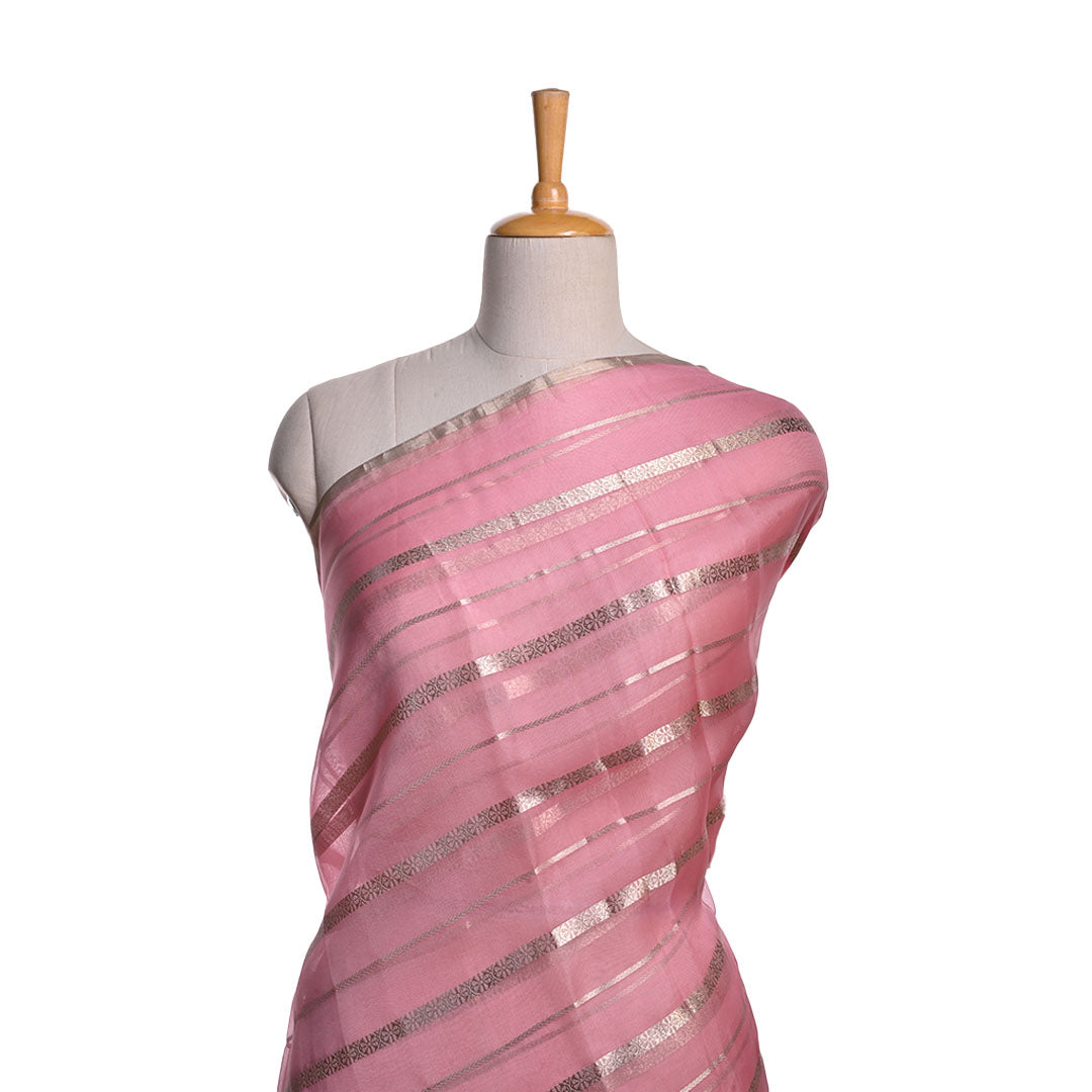 Baby Pink Organza Fabric With Stripes