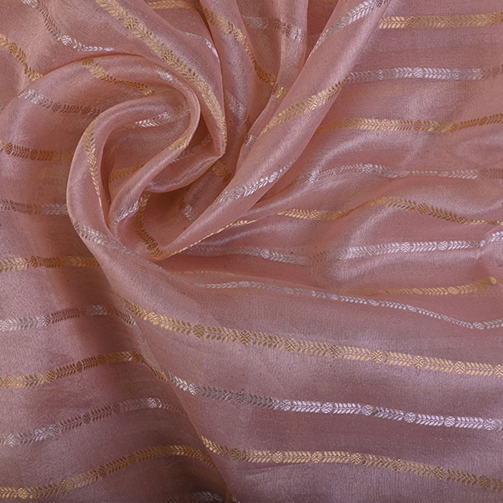 Pastel Peach Organza Tissue Fabric With Stripes