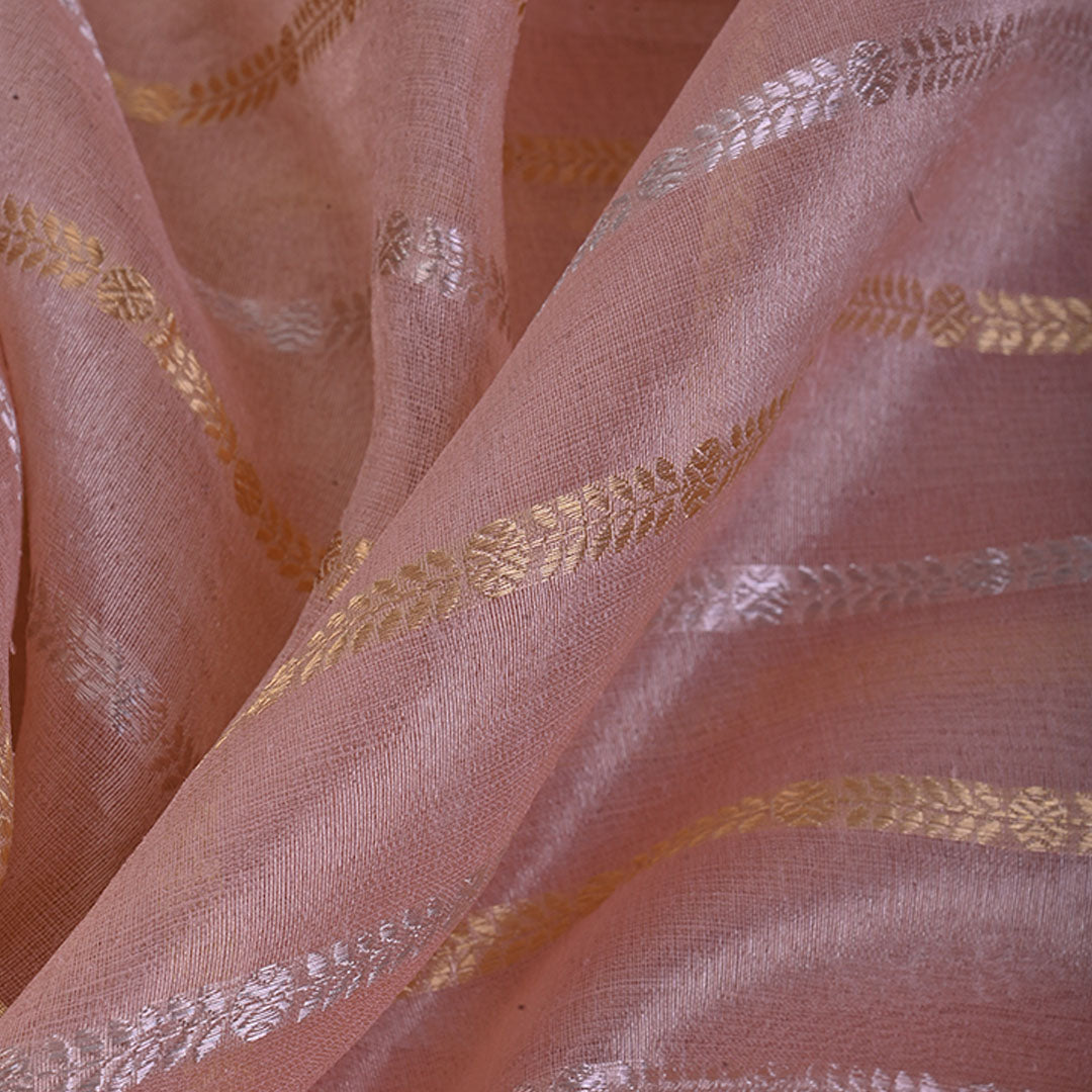 Pastel Peach Organza Tissue Fabric With Stripes